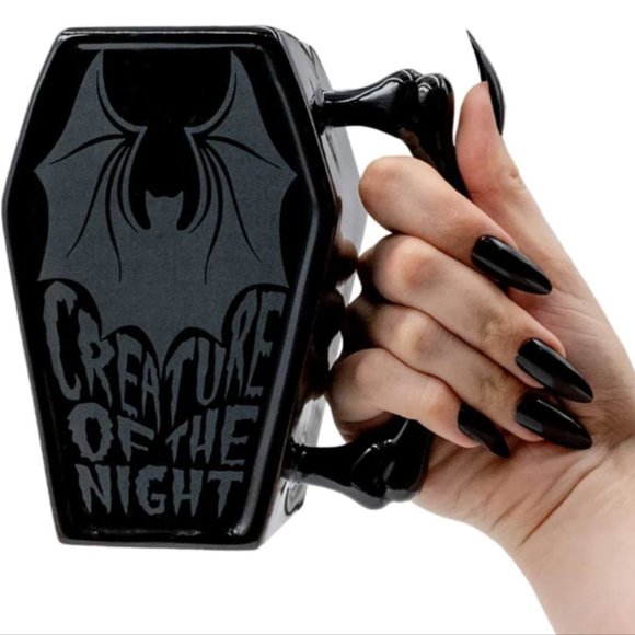 Creature of the Night Bat Large Black Coffin Bone Ceramic Coffee Mug 18oz NIB - Picture 1 of 3